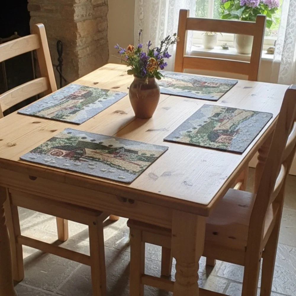 Set 4 Vintage Country Farm Watermill Pond Swans Patriotic Tapestry Placemats